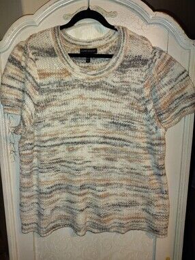 Lane Bryant Marled Crewneck Short-Sleeve Sweater in Cream, Gray & Tan